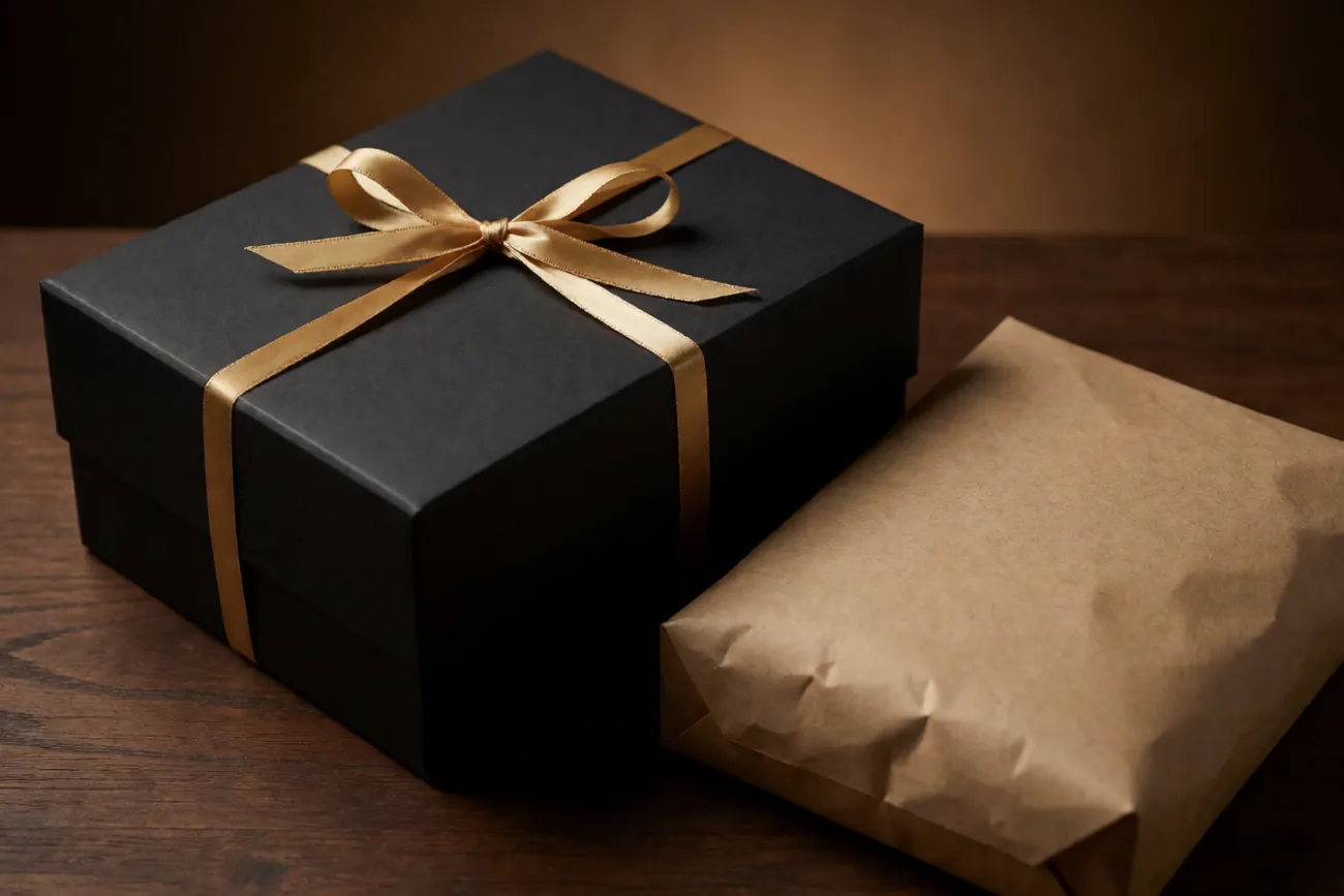 Caixa preta com laço dourado e pacote de papel kraft, sem identificação